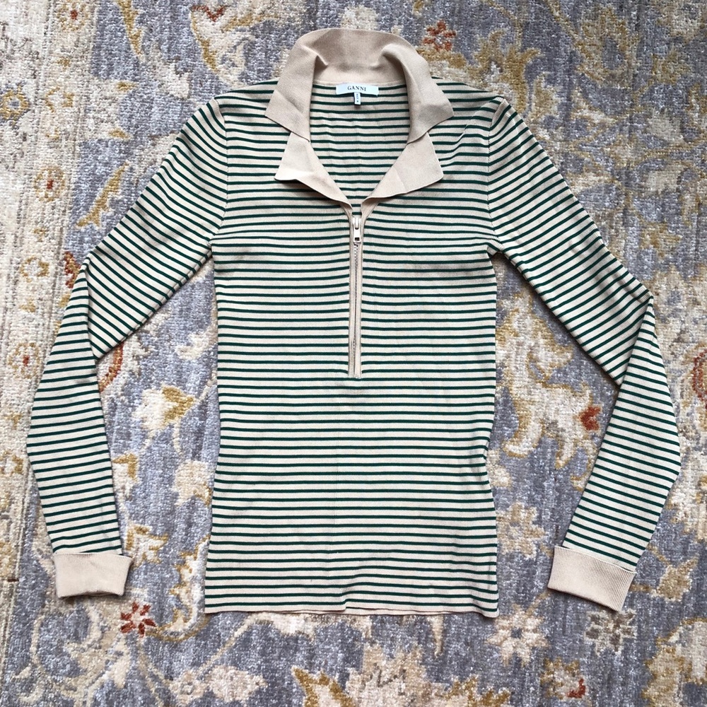 Ganni evangel striped knit collared top size s